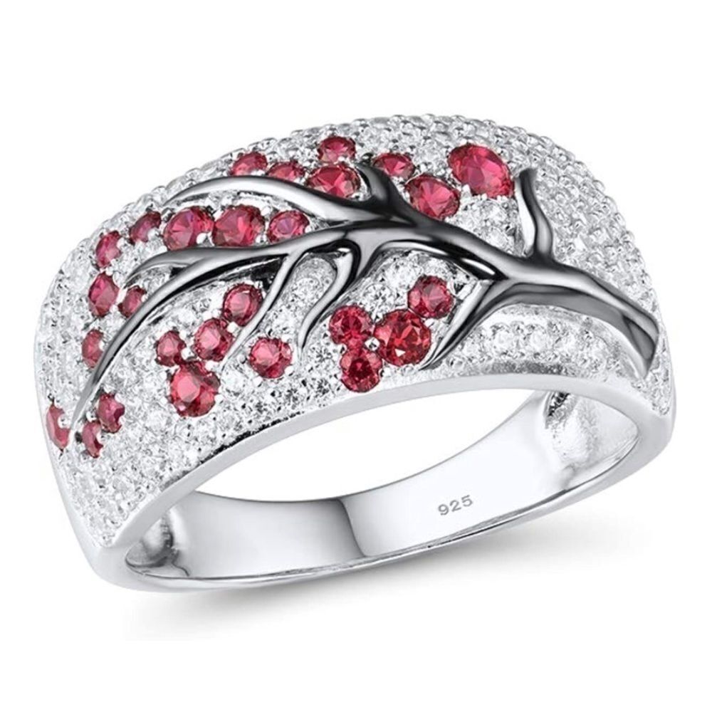 .925 Sterling Silver with Red Ruby and Diamond Cubic Zirconia Cherry Tree Ring
